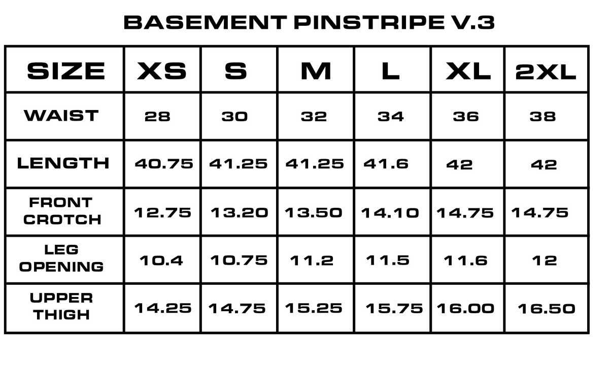 Size guide for PINSTRIPE V.3, measurements in inches