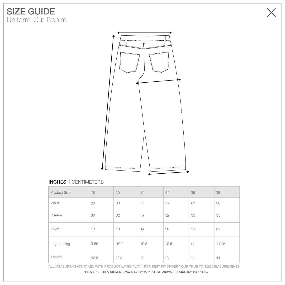 Size guide for 5-Star Signature Uniform Denim, measurements in inches