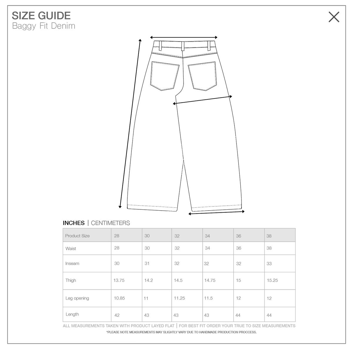 Size guide for 5-Star Signature Everyday Baggy Jean, measurements in inches