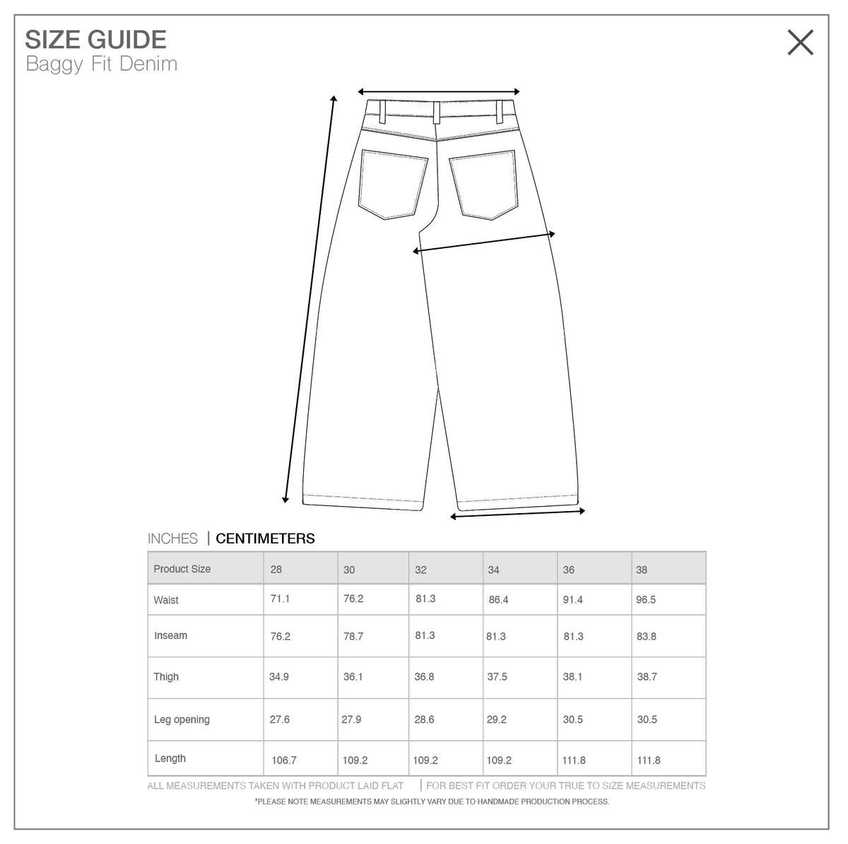 Size guide for 5-Star Signature Everyday Baggy Jean, measurements in centimeters