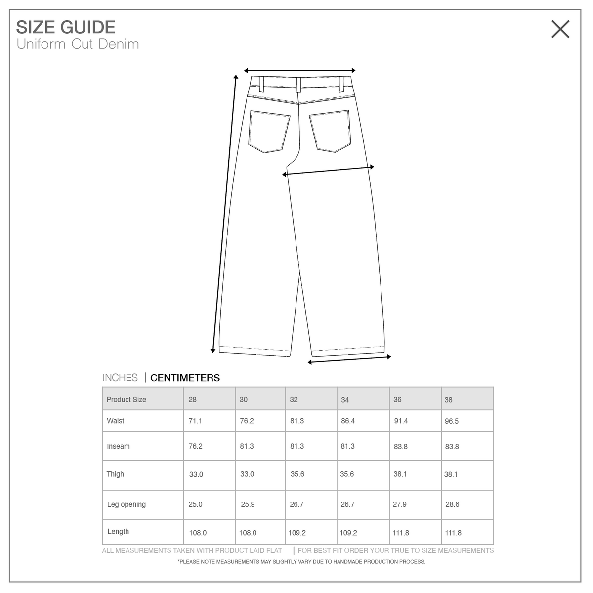 Size guide for SELVEDGE DENIM BUNDLE, measurements in centimeters