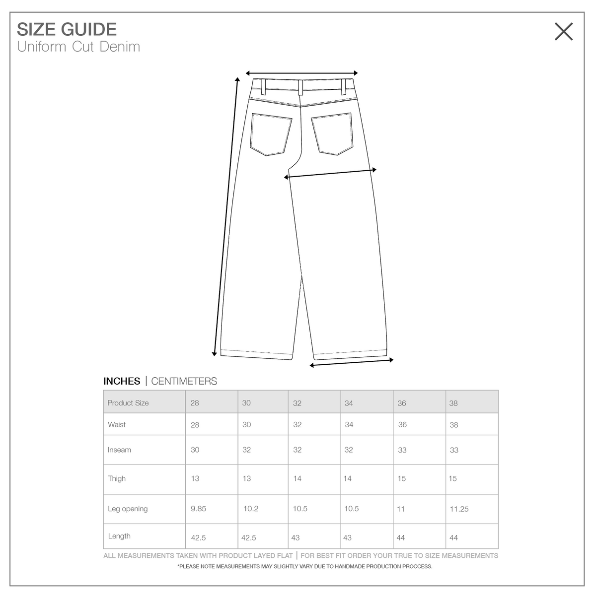 Size guide for SELVEDGE DENIM BUNDLE, measurements in inches