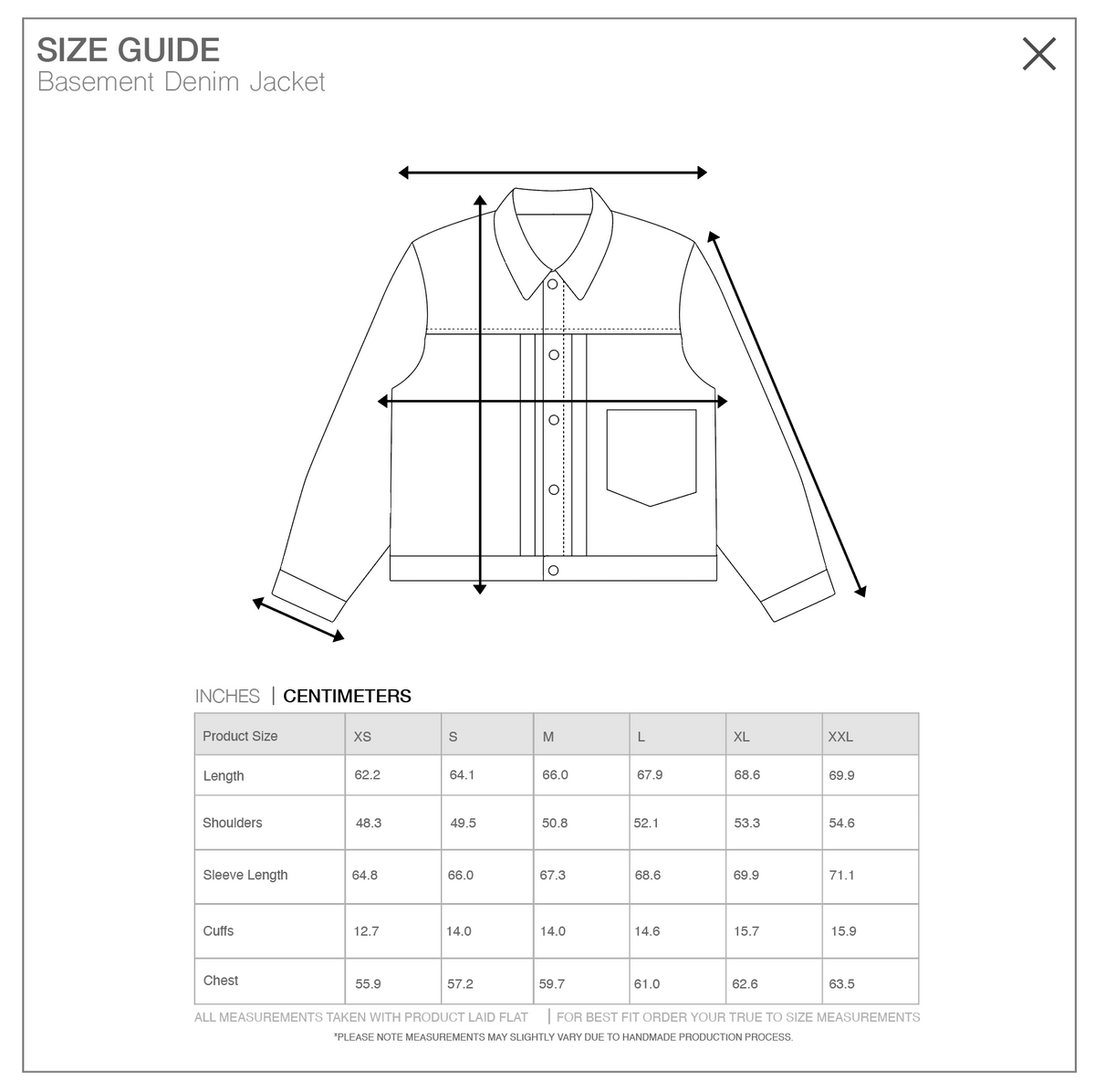 Size guide for Uniformity Denim Jacket, measurements in centimeters
