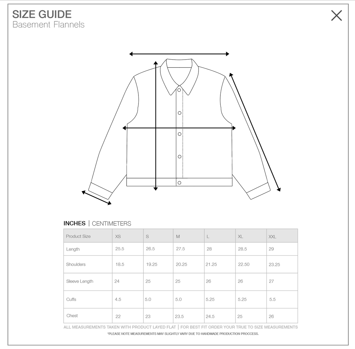 Size guide for Afterhours Plaid Flannel, measurements in inches