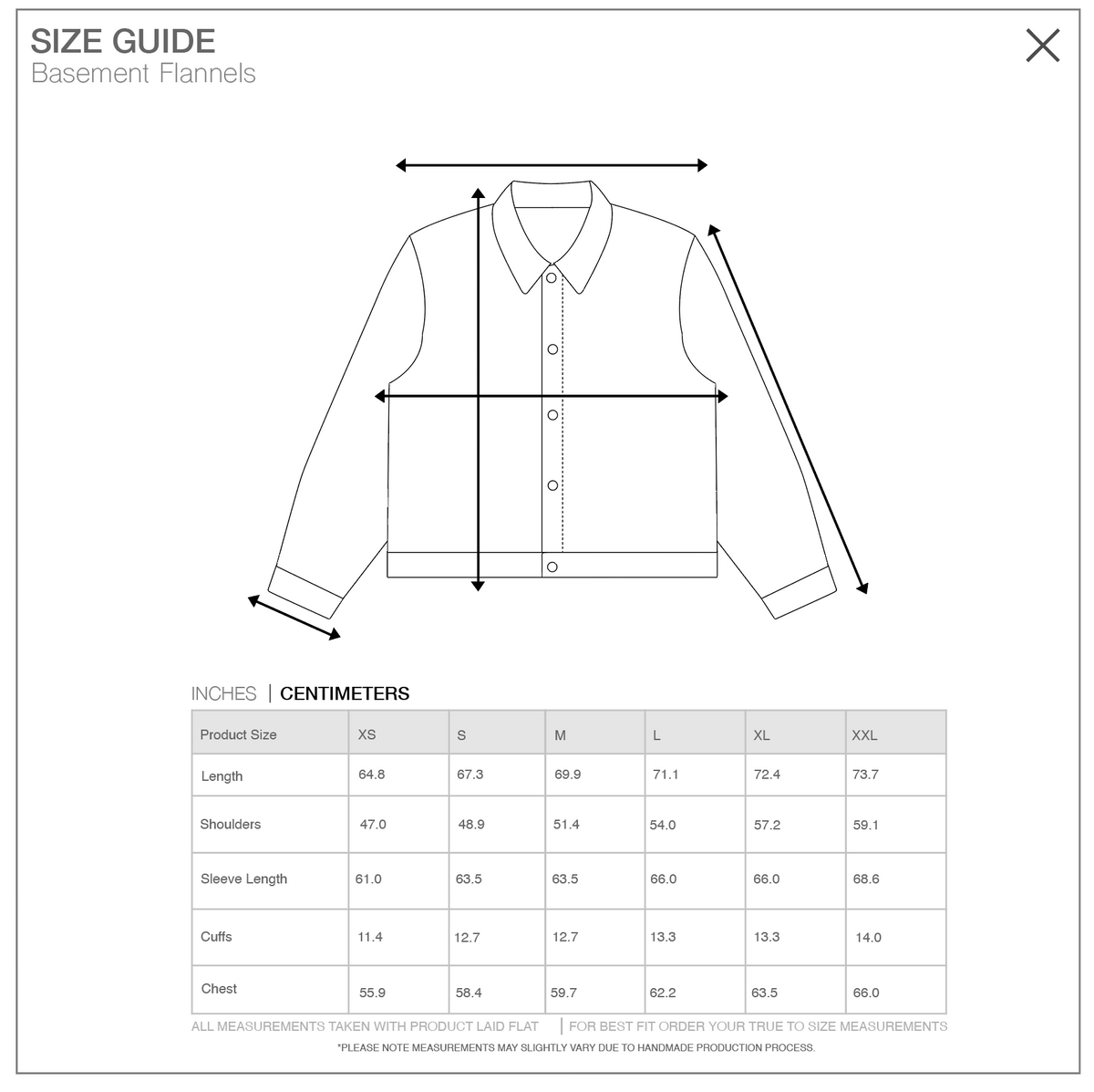 Size guide for Afterhours Plaid Flannel, measurements in centimeters