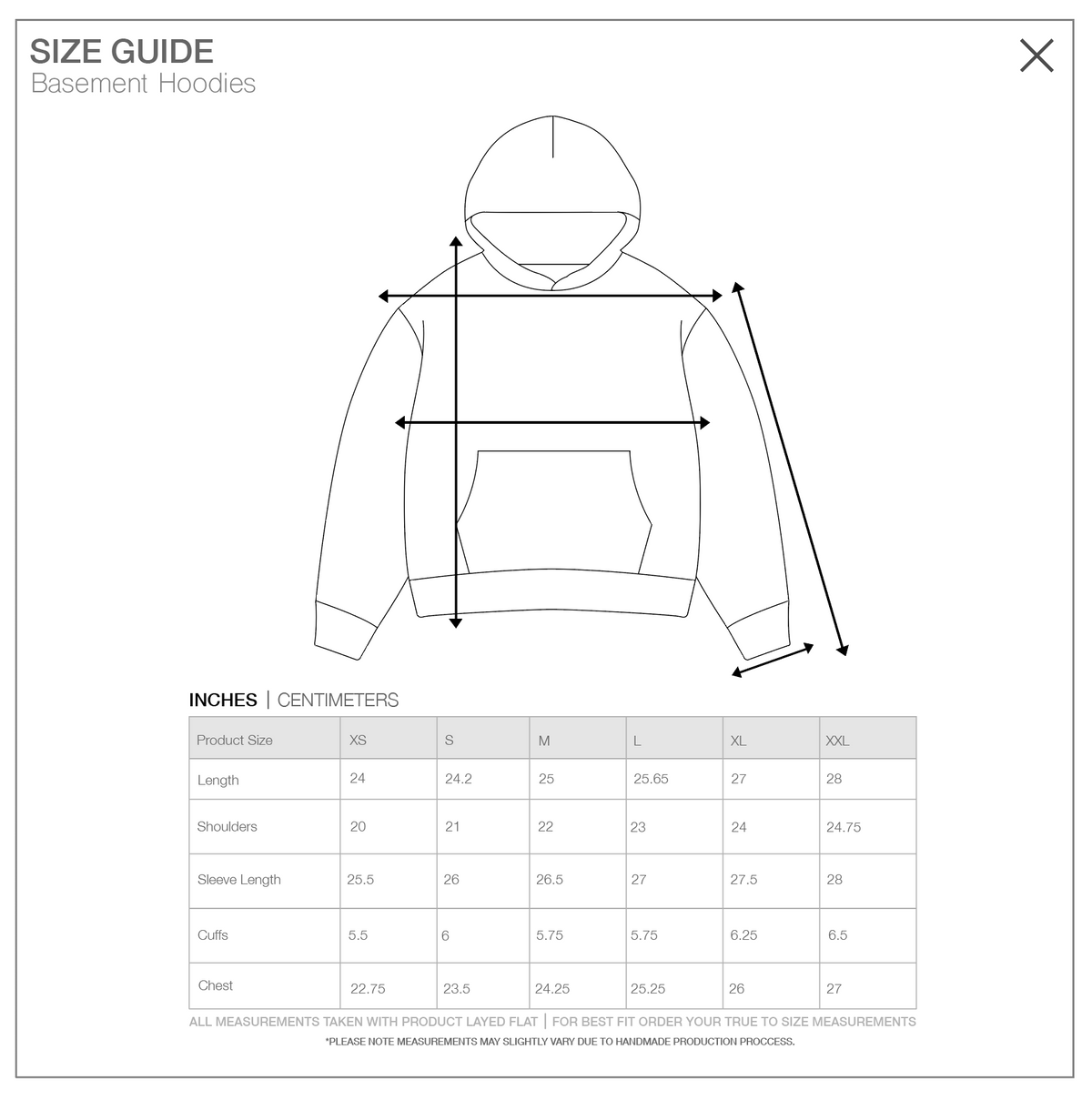 Size guide for Skidrow Rivet Hoodie, measurements in inches