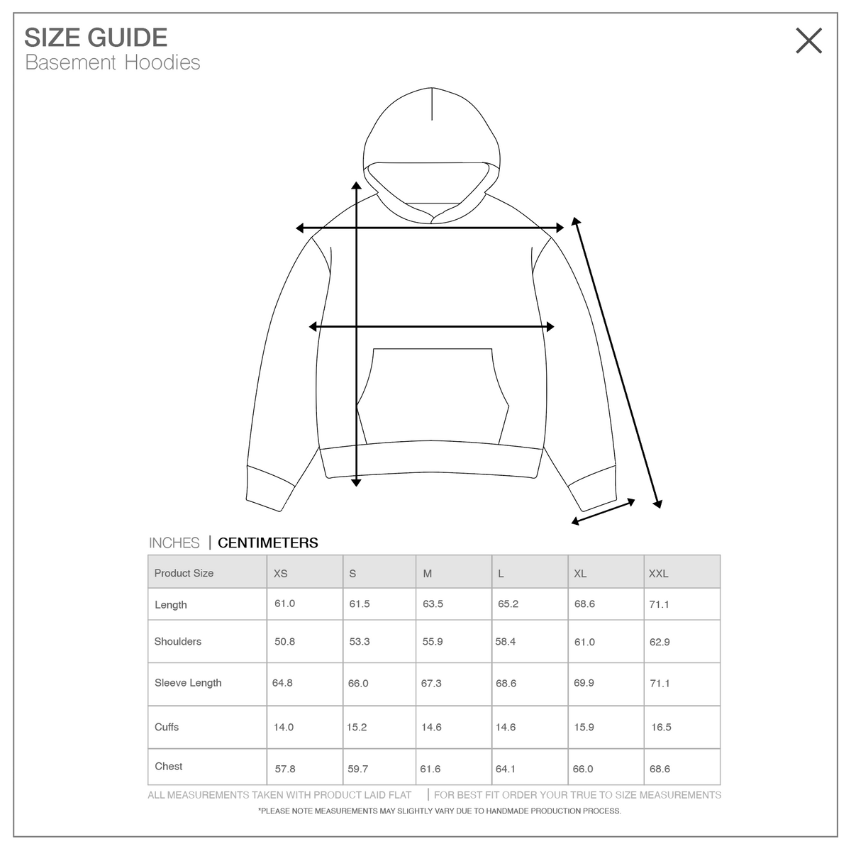 Size guide for Skidrow Rivet Hoodie, measurements in centimeters